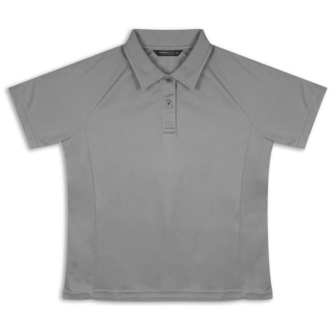 A grey women's polo shirt with a collar and short sleeves, featuring a brand logo.