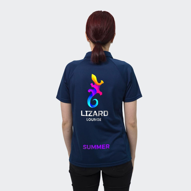 A navy women's polo shirt with a colourful logo and branding on the back, featuring a collared design.