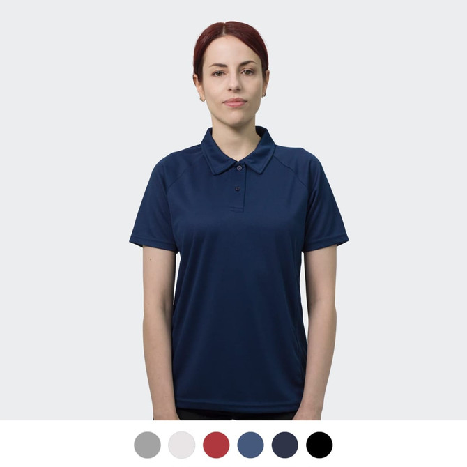 A woman wearing a navy polo shirt with a collar, featuring a logo. Available in multiple colours below.