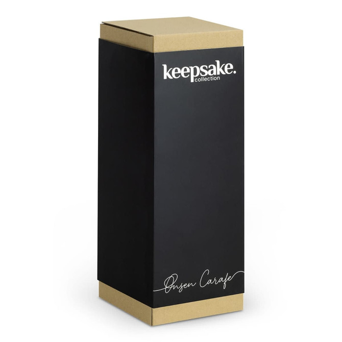 A drink bottle packaging in black and kraft, featuring a logo and elegant design for the Keepsake Onsen Carafe.