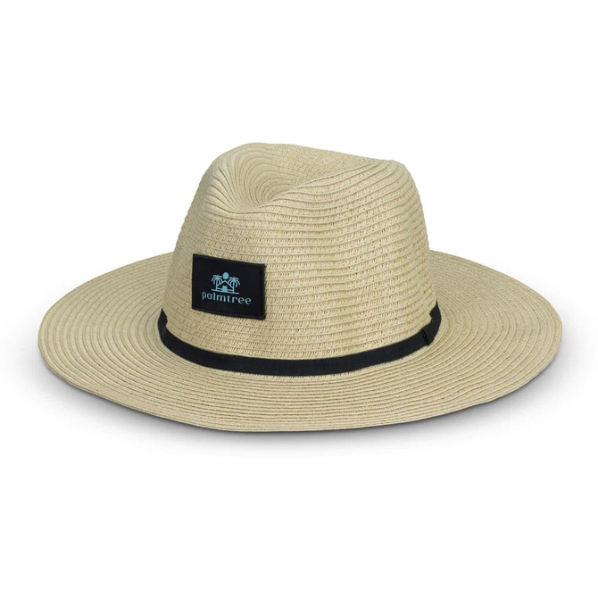 A wide-brim hat in beige with a black band and a logo on the front.
