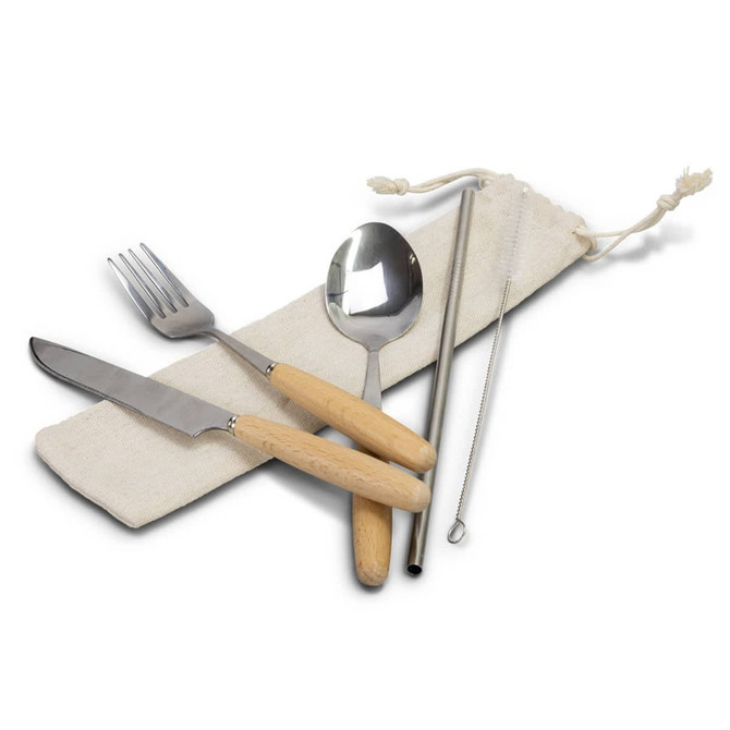 A stainless steel cutlery set with wooden handles, including a knife, fork, spoon, straw, and cleaning brush in a pouch.