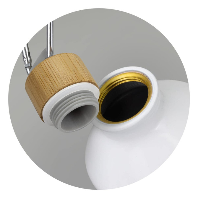 A drink bottle with a white body, featuring a wooden top and a gold inner cap. It includes a logo.