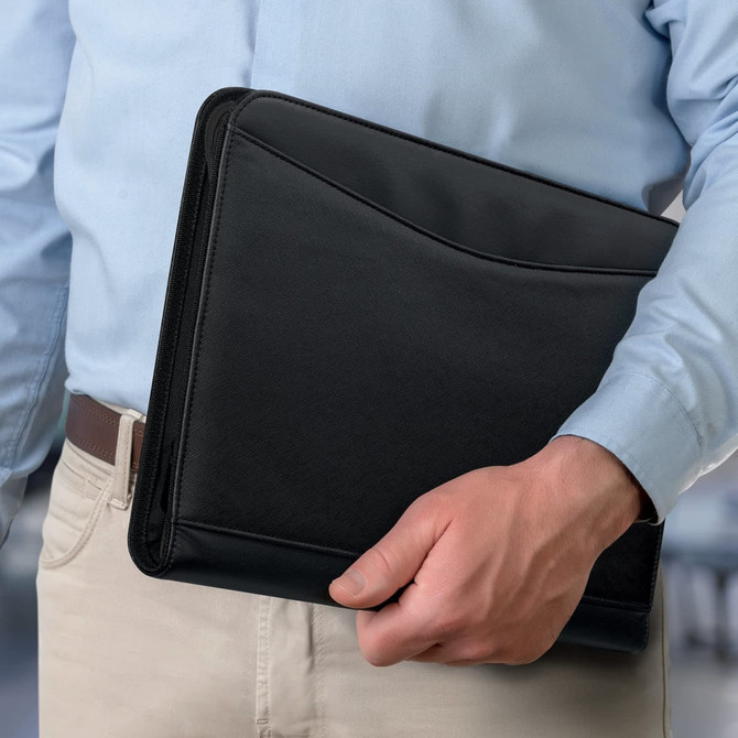 A black portfolio held by a person in a light blue shirt, designed for office and business use.