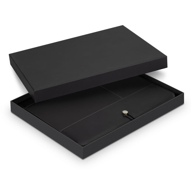 A black Melrose Portfolio presented in an open black box, featuring a sleek design and clasp closure.