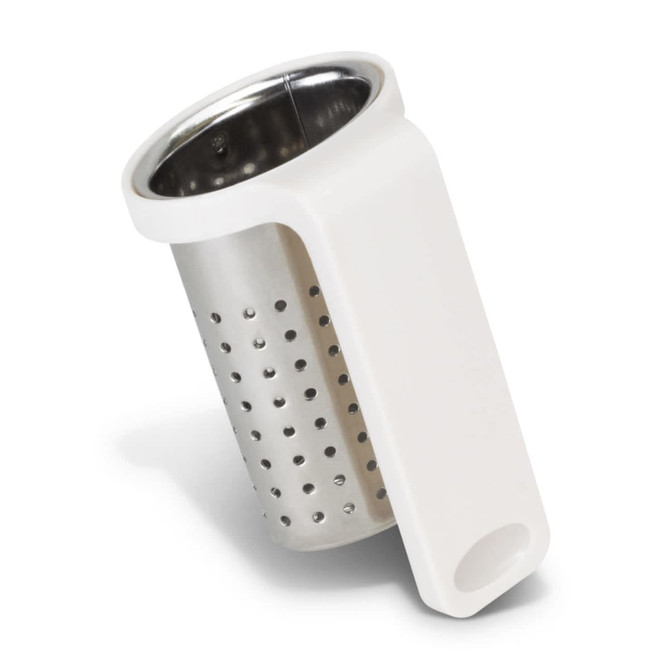 A travel tea infuser in white with a stainless steel body and holes for steeping tea. Features a handle and branding logo.