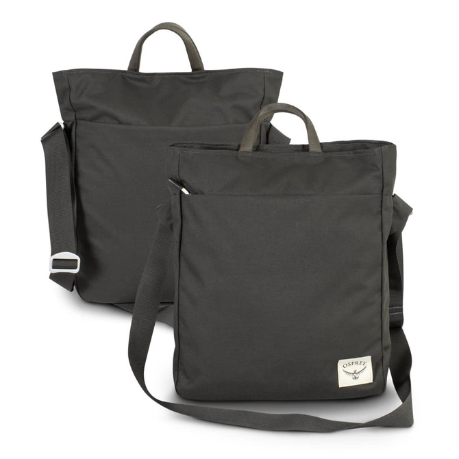 A dark green crossbody bag with a top handle and adjustable strap, featuring a branding logo.