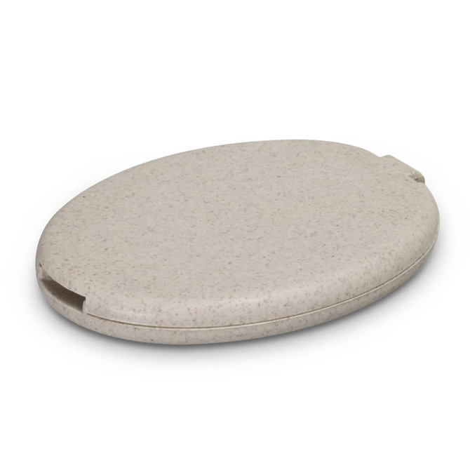 A compact sewing kit in a light beige case with a smooth finish and a subtle speckled design.