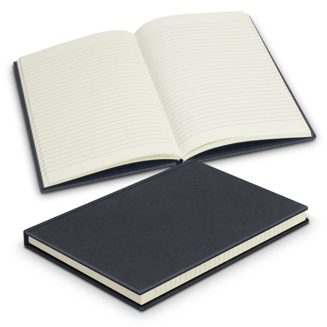 A black hard cover notebook with lined pages, open to show the inside. It features a simple design.