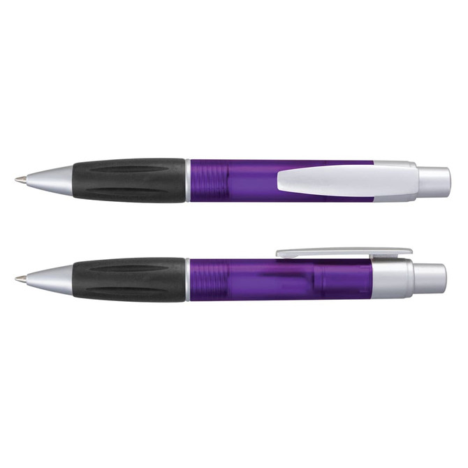 A plastic pen in purple with a silver clip and accents, featuring a comfortable grip and click mechanism.