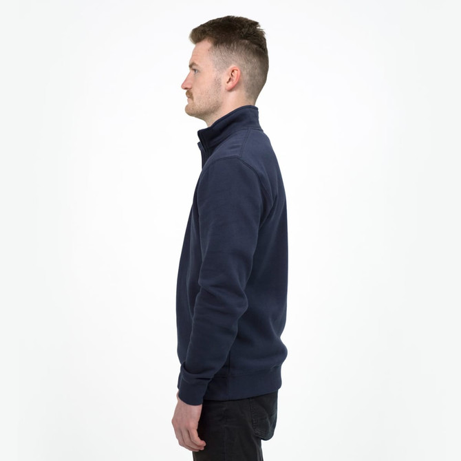 A navy quarter zip jumper in a unisex design, featuring a high collar and ribbed cuffs. It has a branding logo.