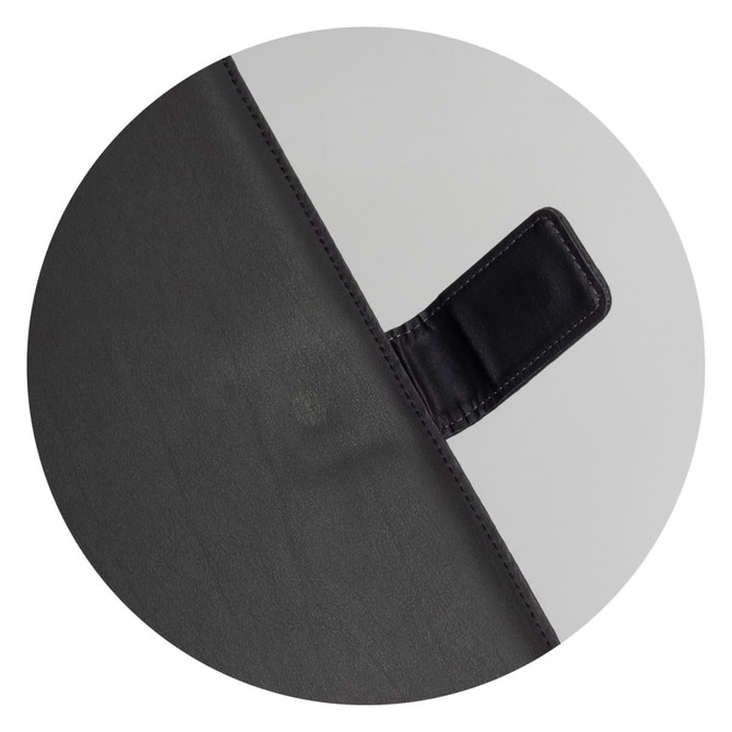 A black portfolio with a smooth textured surface and a small, attached flap. It features a logo.