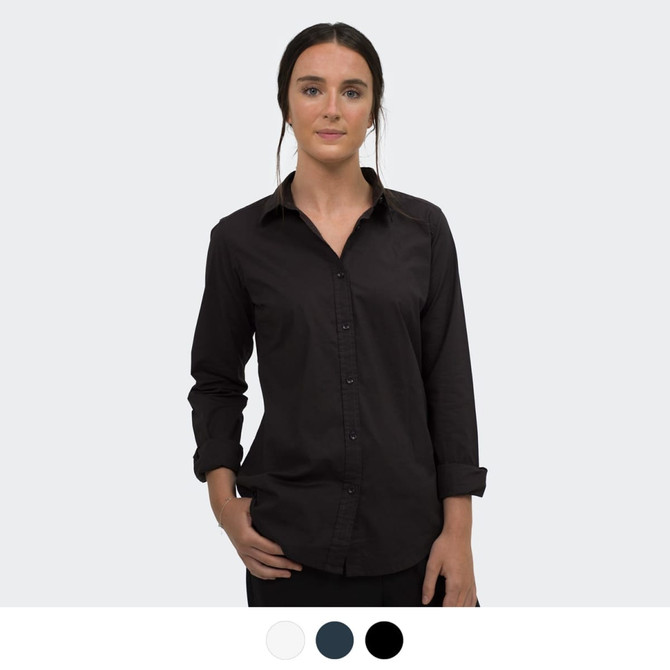 A black button-up shirt with long sleeves, featuring a collar and a logo. Model poses with one hand on her hip.