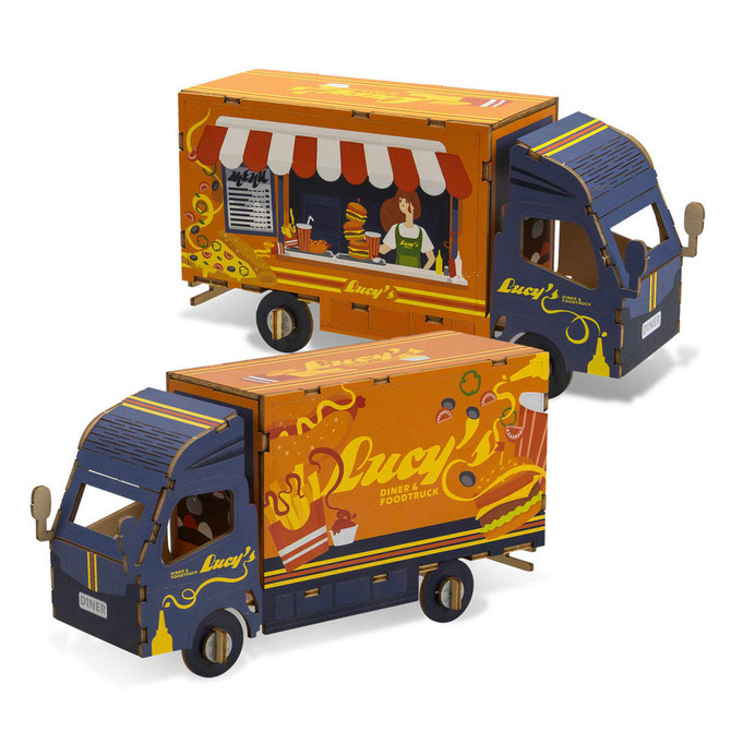 A wooden model of a small food truck in orange and blue, featuring a detailed serving window and branding elements.