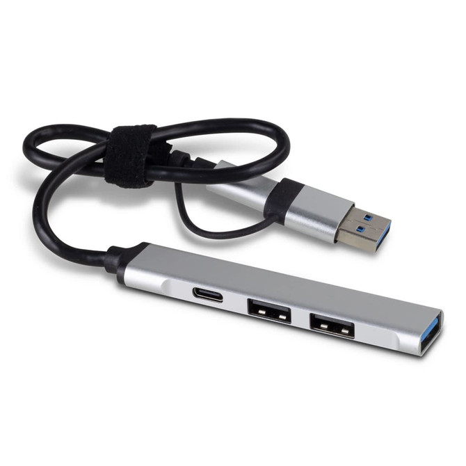 A silver USB hub with multiple ports and a connected cable, designed for technology use.