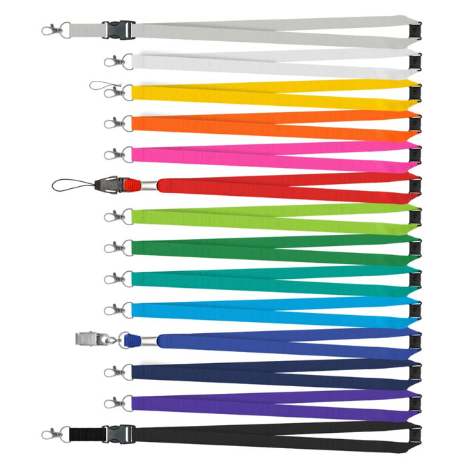 A collection of custom printed lanyards in various colours including white, yellow, orange, green, blue, and purple, with clips.
