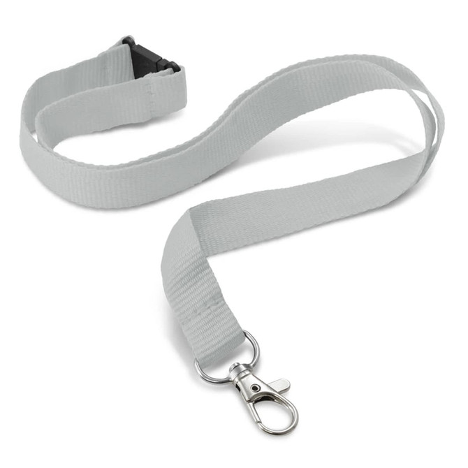 A grey custom printed lanyard, 16mm wide, featuring a clip and a secure release mechanism.