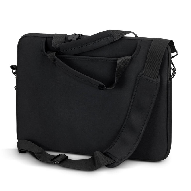 A black 2-in-1 laptop bag with adjustable straps and a sleek design, featuring a logo.