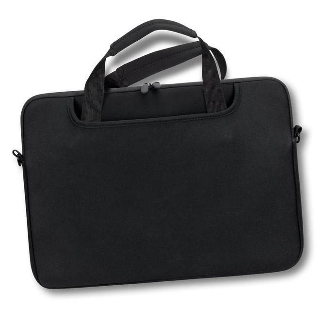 A black 2-in-1 laptop bag with dual handles and a sleek, streamlined design. It features a logo on the front.