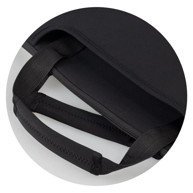 A black 2-in-1 laptop bag featuring padded handles and a sleek design, with visible stitching detail and a logo.