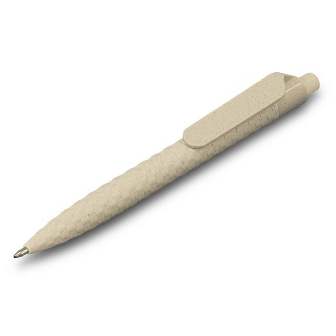 A light beige pen with a textured grip and a clip, featuring a logo on the side.