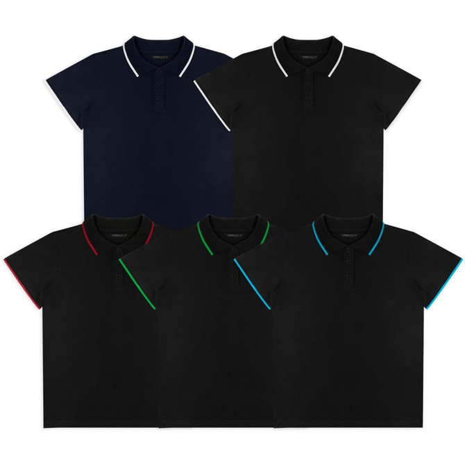 A collection of five polo shirts in navy and black, featuring contrasting collar colours in red, green, and blue.