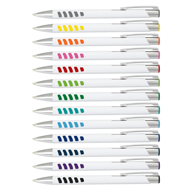 A collection of white barrel pens in various colours, featuring a sleek design and silver accents.