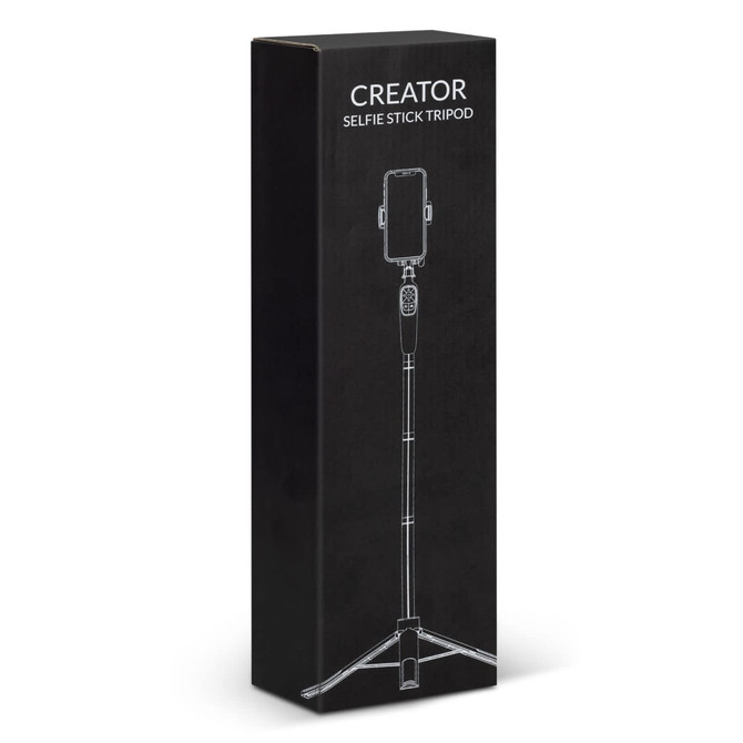 A black packaging box featuring a simple illustration of a selfie stick tripod for smartphones.