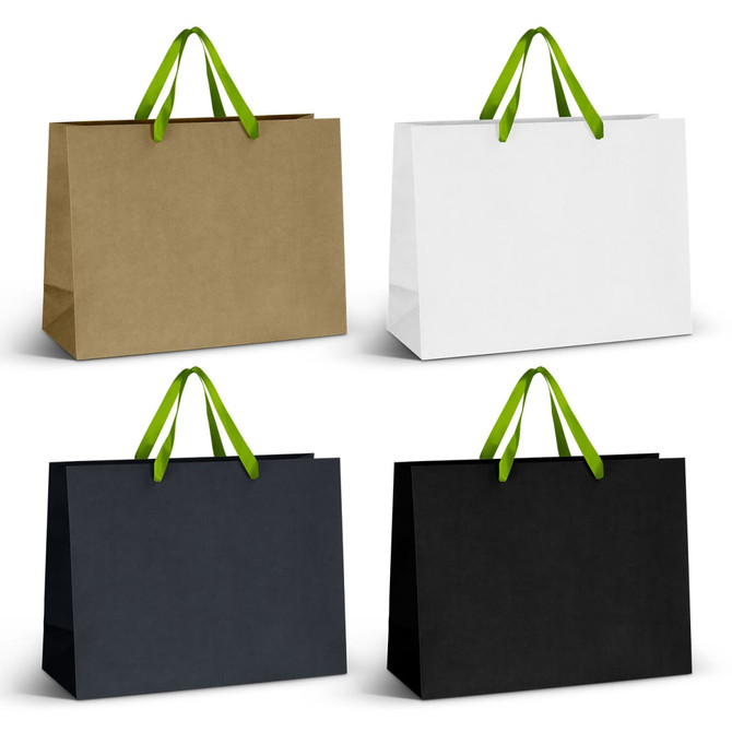 Four extra large ribbon handle paper bags in brown, white, green, and black, each with green handles and a logo.