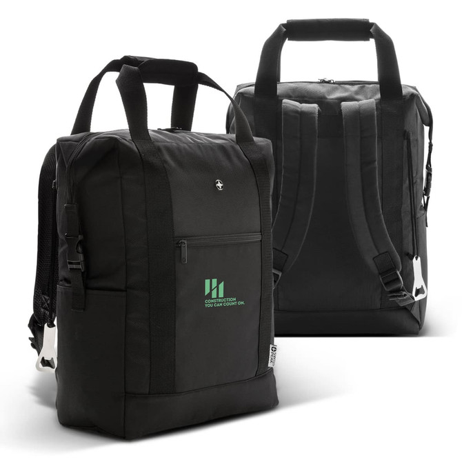 A black cooler totepacks with dual handles and adjustable straps, featuring a logo in a subtle green hue.
