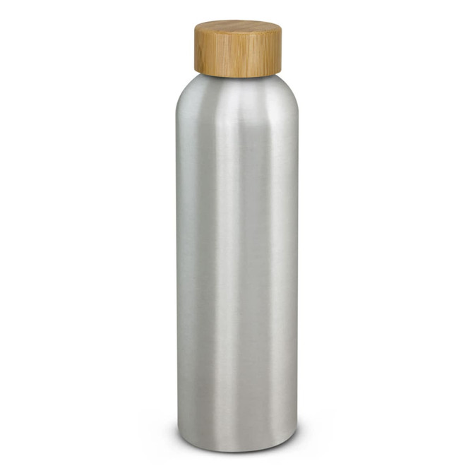 A drink bottle made from aluminium with a natural bamboo lid, featuring a sleek silver finish.