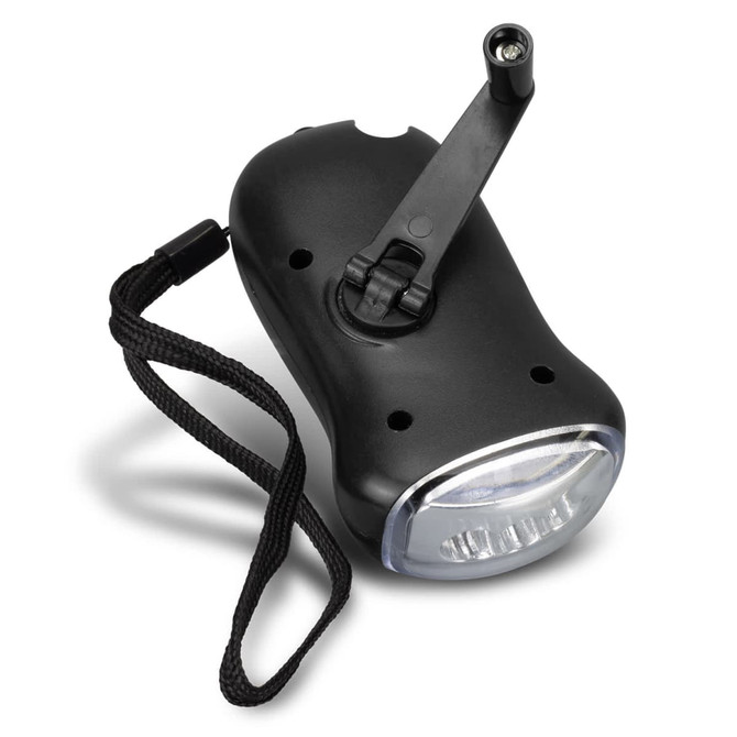 A black Dynamo Solar Torch featuring a foldable handle and a wrist strap for easy carrying.