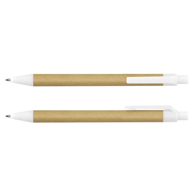 A Kraft pen with a brown paper barrel and white plastic tip and clip, featuring a simple design.
