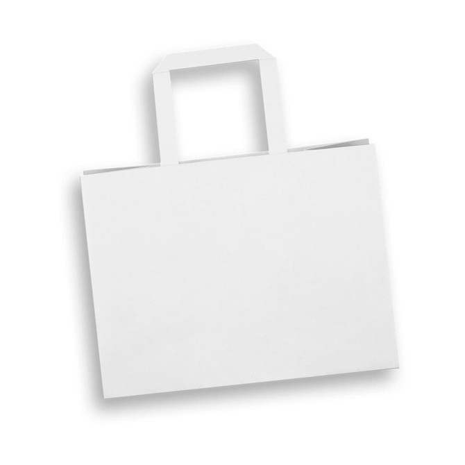 A medium flat handle paper bag in white, featuring a simple and minimalistic design.
