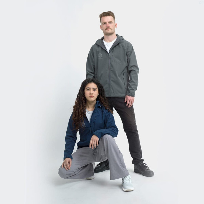 Soft shell jackets in grey and navy, worn by a man and a woman against a plain background. Both feature logos.