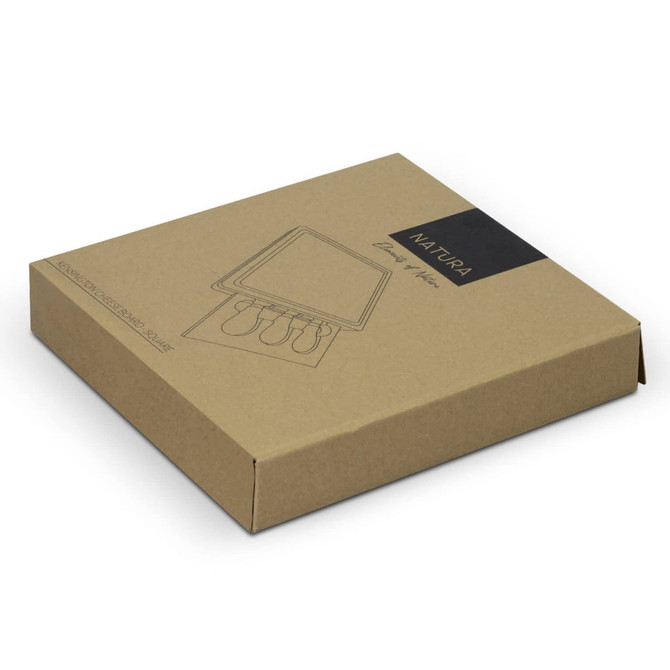 A square cheese board in a brown packaging box, featuring an illustration and a logo.