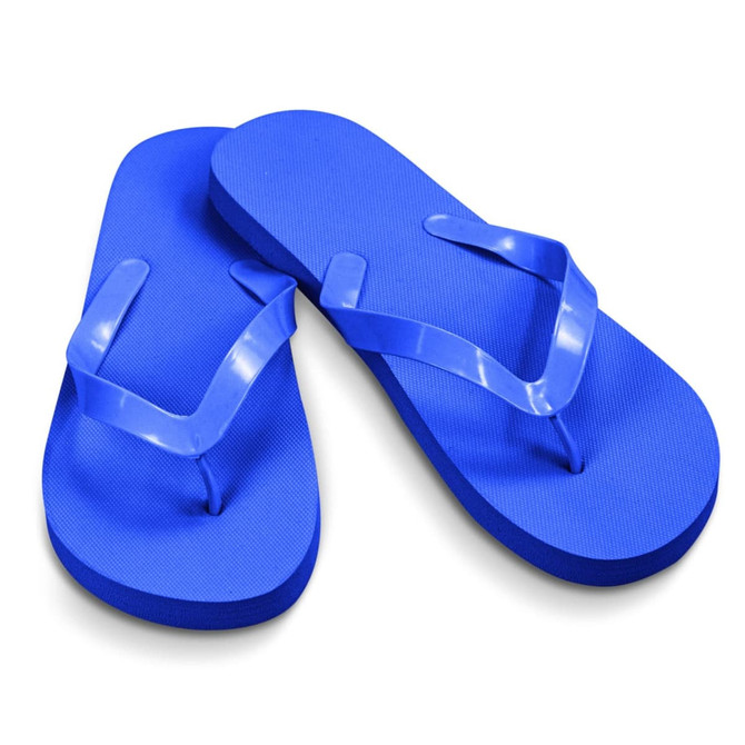 Blue flip flops with a textured sole and glossy straps, featuring a simple design.