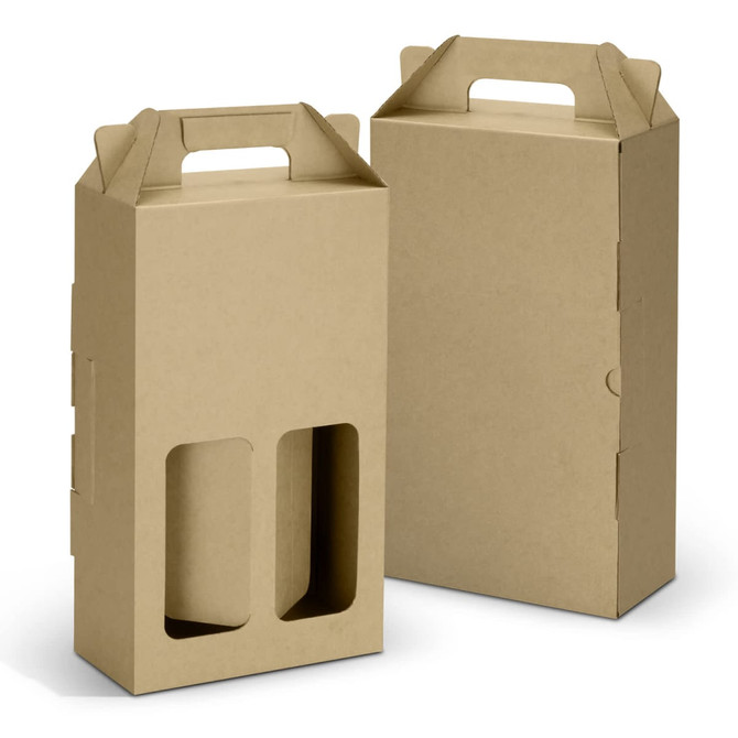 A double wine carry pack in a natural kraft finish with two open spaces for bottles and a handle for easy transport.