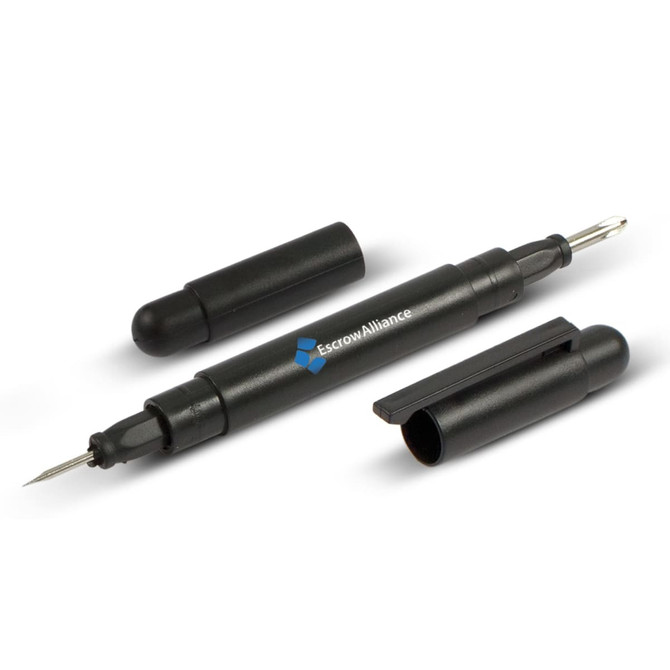 A pocket screwdriver with interchangeable heads and a keyring attachment, featuring branding on the body.