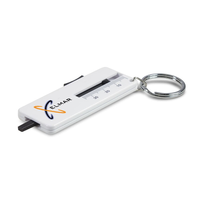 A white tyre tread key ring with a keychain, featuring a ruler and a branding logo.