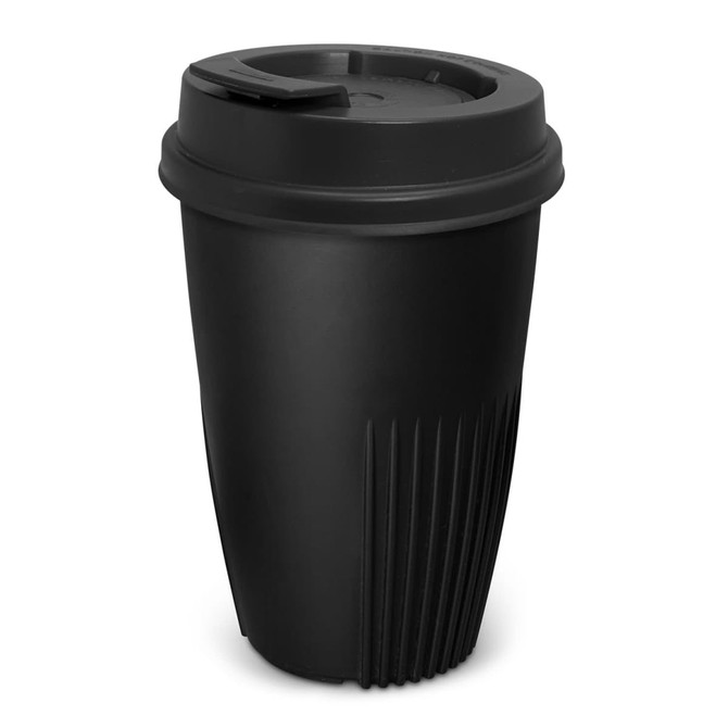 A drink bottle in black, featuring a playful cup design with a ribbed texture and a secure lid.