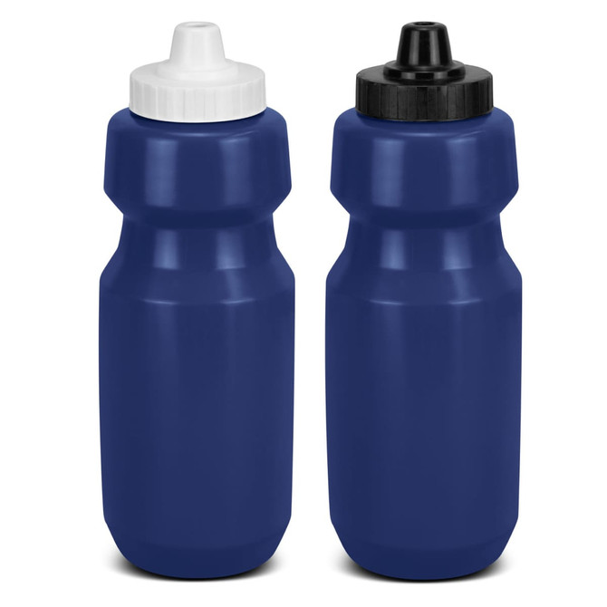 A drink bottle set in navy blue with white and black screw-on lids. Features a smooth surface and a logo.