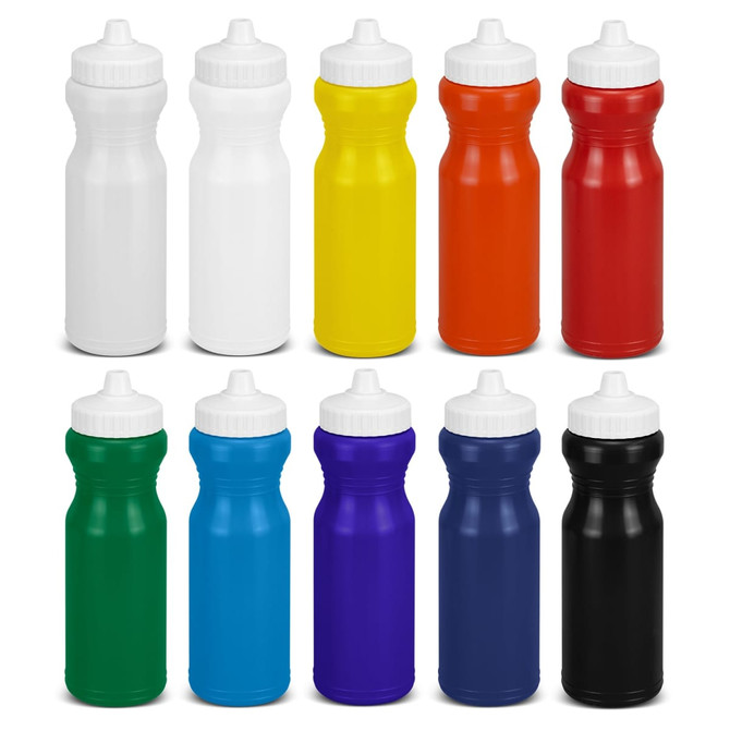 A drink bottle assortment featuring white, yellow, orange, red, green, blue, purple, and black options, each with a white cap.
