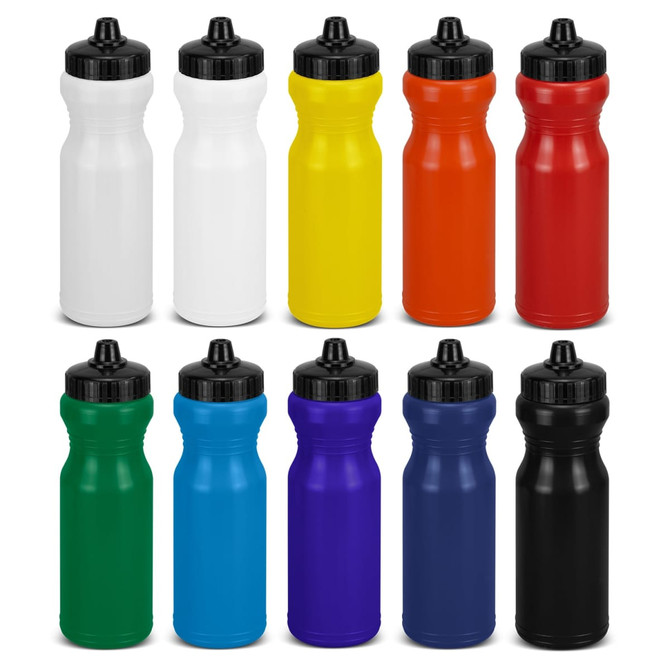 A drink bottle collection in various colours: white, yellow, orange, red, green, blue, purple, black, and grey, with black caps.