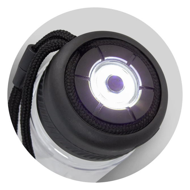 A drink bottle with a clear body and a black top featuring a built-in light and a braided strap.
