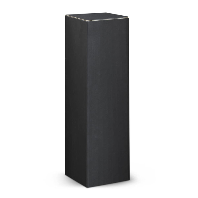 A tall, black rectangular box with a sleek design and a subtle shiny finish, featuring a logo on the side.