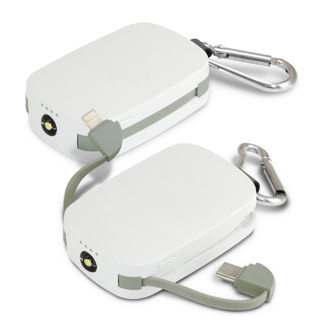 A white Lucent Power Bank with an attached carabiner and integrated charging cables in green.