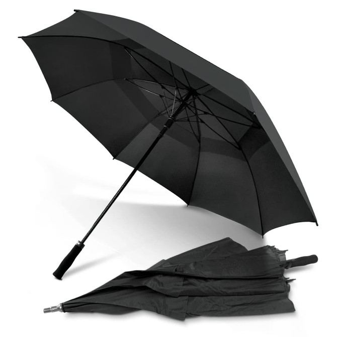 A black umbrella with a curved handle, displayed open and alongside its compact folded form.