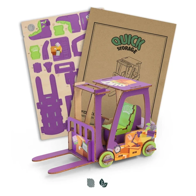 A wooden model of a forklift in purple and orange, accompanied by puzzle pieces and assembly instructions.