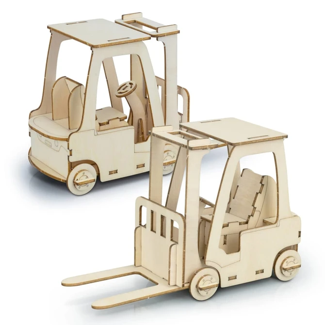 A wooden model of a forklift in natural wood colour, featuring detailed cut-outs and assembly parts.